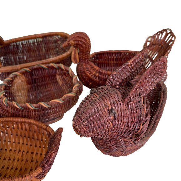 Vintage 6 Wicker and Wood Animal Basket 6 pc Lot Turkey Duck Rabbit Reindeer - Picture 12 of 15